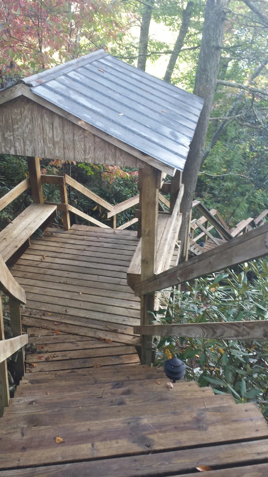 Metal roofed shelter over wooden steps on a wooded walkway — Skylight Repair & Installation work by our crew in Chanhassen
